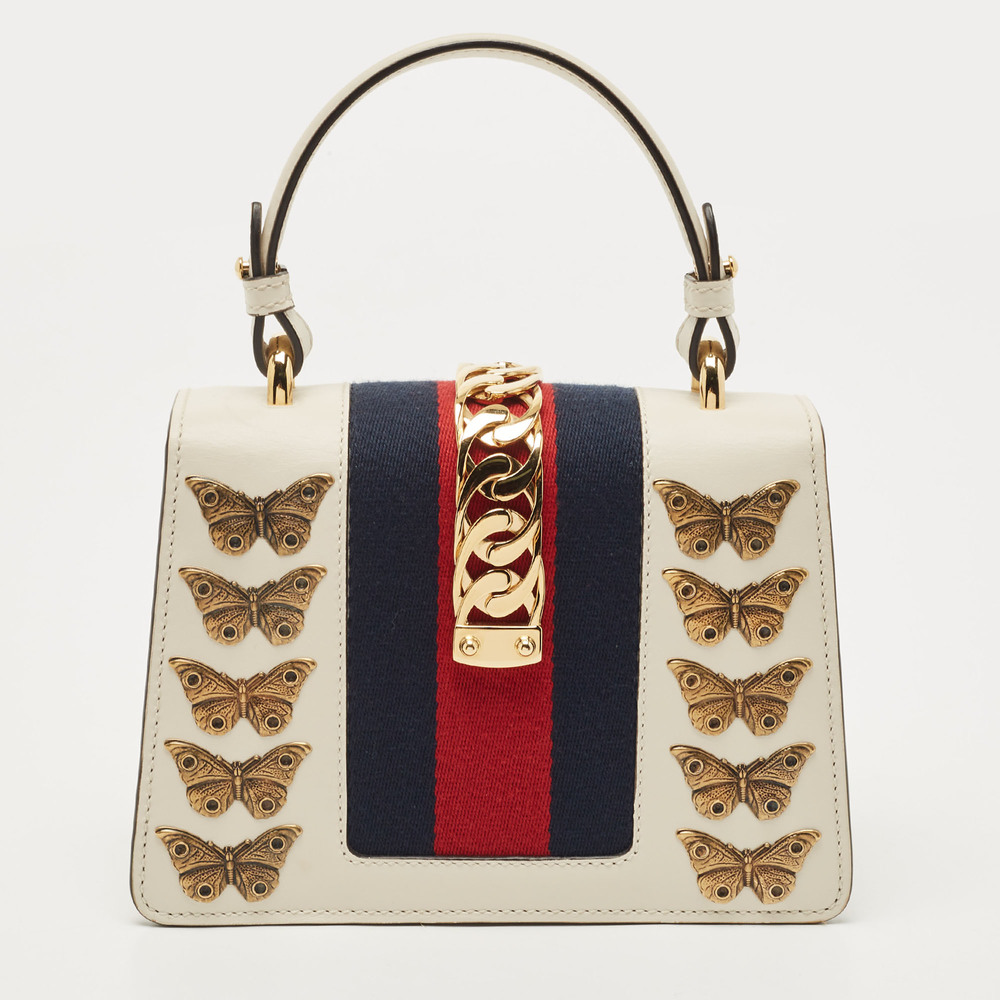 GUCCI Beige Leather Mini Sylvie Animal Stud Embellished Top Handle Bag - Picture 4 of 8